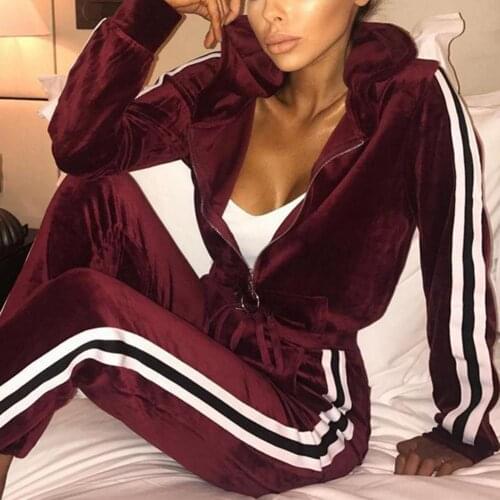Autumn Women Pleuche Stripe Long Sleeve Zipper Hoodies Sport Coat Sexy Casual Sportswear 2 Piece Set Jogging Tracksuit