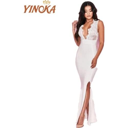 Yinoka White long bandage dress deep v sexy black women sleeveless sexy lady elegant lace celebrity dinner evening night wear