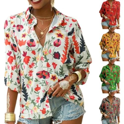 Ladies Temperament Long Sleeve Shirt, Autumn Girls Floral Plant Printing Lapel Loose Single-breasted Tops Casual