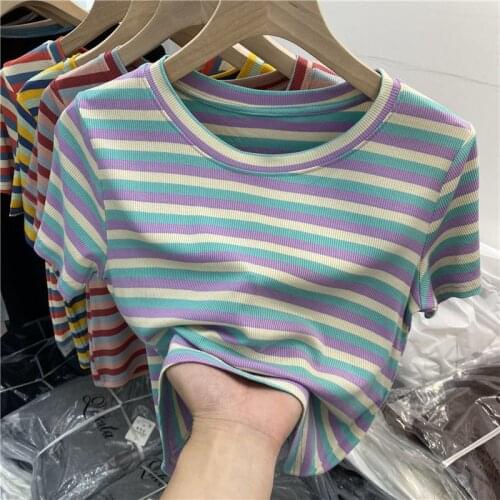 Colorful Striped Knitted Women T-Shirts Summer New 2021 Slim Short-Sleeved Elastic Buttoming Female Pulls Tops Tees X529
