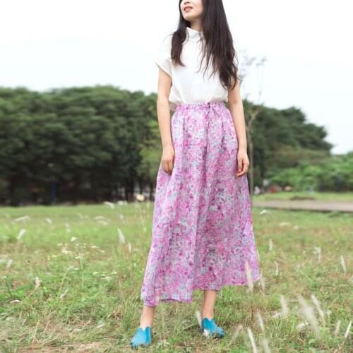 Women Summer Ramie Elastic Waist Skirts Ladies A-line Loose Skirt Female Vintage Ramie Skirts 2021