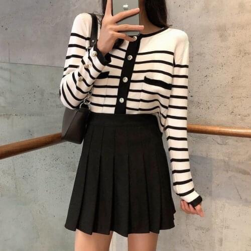 Woman Sweaters Cardigan -Style Sweater Coat Winter Contrast Color Striped Round Neck Knitted Cardigan For Women Sueters De Mujer
