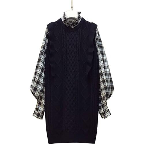 Casual Dress Sets Women Plus Size Ruffles Plaid Shirt Top Black Dress Lady Outfits 2 Piece Korean Basic Simple Female Winter