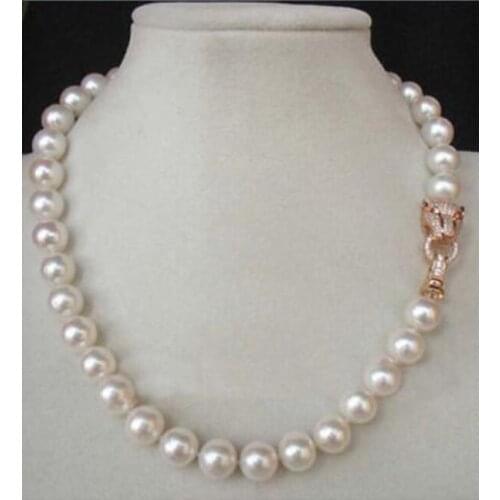 18INCH 10-11 MM AA GENUINE WHITE SOUTH SEA AKOYA PEARL NECKLACE Leopard Head crystal clasp CZ zircon