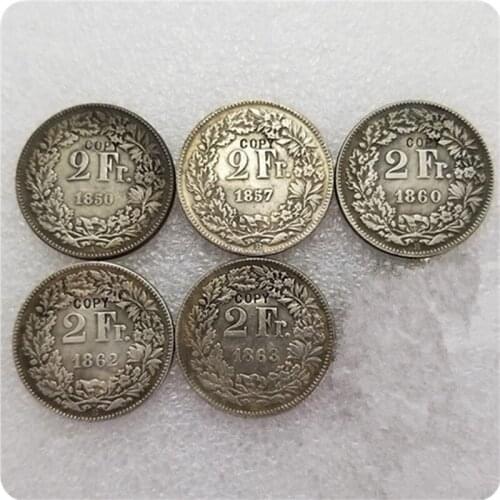 1850A,1857B,1860B,1862B,1863B Switzerland 2 Francs COINS COPY