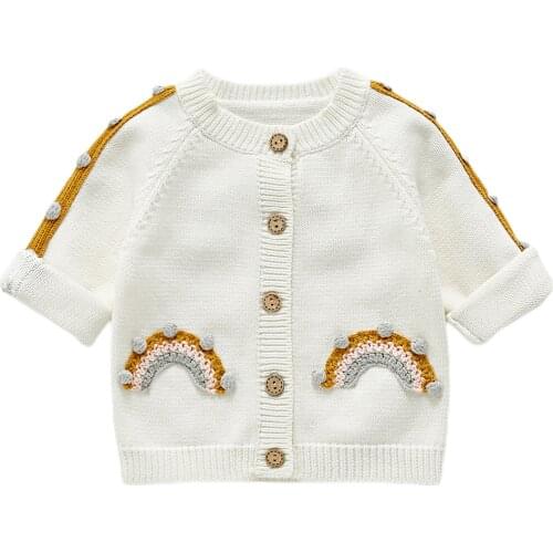 2021 0-3Y Sweet Kids Baby Girls Coats Rainbow Weave Button Fly Round Neck White Soldi Winter Fall Cardigan Outwear Sweater Top