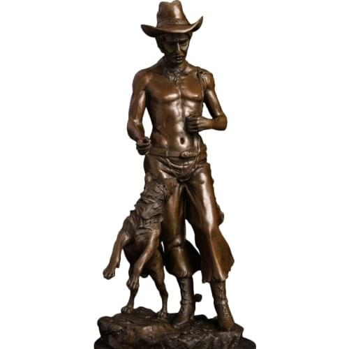 ArtsHom DS-309 bronze metal craft sculpture western design cowboy with dog figurines sculpture for table decoration