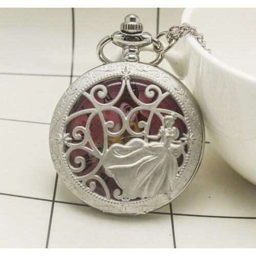 Silver Princess Design Hollow Quartz Pocket Watch Lovely Pink Dial Roman Numerals Display Necklace Watch Gifts for Lady Girl