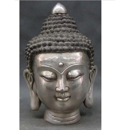 Decoration copper silver factory outlets 9" Tibet Tibetan Buddhism Silver Shakyamuni Sakyamuni Buddha Head Bust Statue