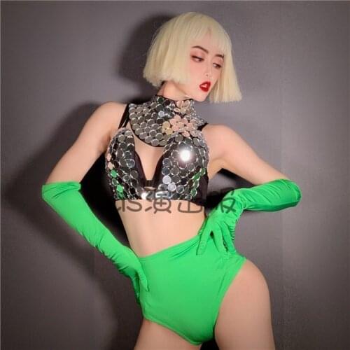 Fluorescent Green Mirror Outfit Female Sexy Singer Dance Team Costumes Queen Lady DS DJ WomenS Stage Show Clothes Set DWY4637