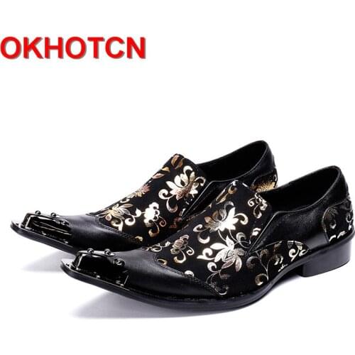 Italy High Heel Mens Pointed Metal Toe Dress Shoes Black Party Shoes Gold Floral Print Patchwork Men Suede Leather Formal Shoes