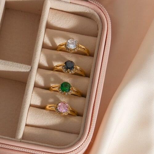 Wholesale Stainless Steel Green Pink White Black CZ Ring Tarnish Free Classical Oval Cutt Stone Wedding Jewelry Bridal Ring