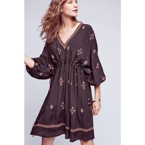V collar embroidery Flower Lace Dress ethnic hippie bohemian style dress black boho holiday dresses pleated slim cotton dress