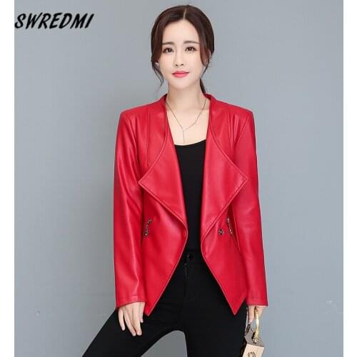 SWREDMI Female Jacket High Quality Leather Coat Woman Autumn V-Neck Fashion Clothing One Button Office Lady Blazer Plus 4XL