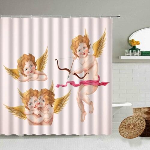Love Cupid Arrow Angel Kid Shower Curtain Cartoon Fantasy Fairy Wing Bathroom Accessories With Hook Waterproof Screen Washable