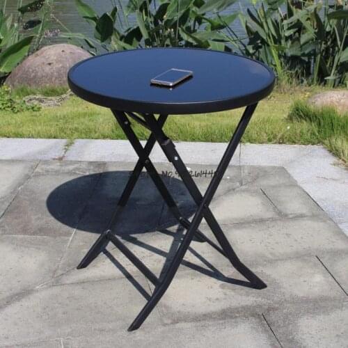 Tempered Glass Small Round Table Outdoor Courtyard Portable Square Table Coffee Milk Tea Shop Balcony Black Folding Table