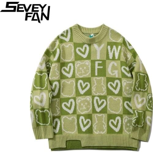 SEVEYFAN Mens Full Seal Jacquard Sweaters Black Loose Cotton Kintwear Hip Hop Pullover Sweater for Couples