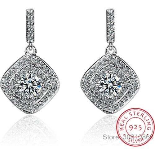 Authentic Real 925 Sterling Silver Vintage Allure Clear CZ Stud Earrings Women Wedding Jewelry Femme Brincos