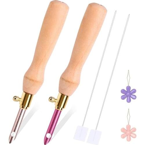 Wooden Handle Embroidery Pens and Threader,Sewing Punch Needle Set Embroidery Punch Needle Weaving Tools for DIY Craft