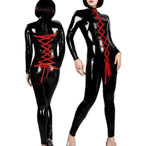 Sexy Zipper Faux Leather PVC Long Sleeve Slim Fit Bodysuit Jumpsuit Party nightclub dance performance Catsuit Clubwear