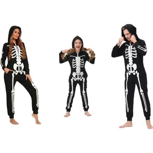 Halloween Family Matching Costume Long Sleeve Hooded Jumpsuit with Luminous Skeleton Printed Festival Party Clothing Romper