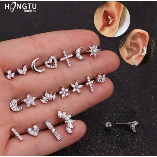 1PC Zircon Ear Stud Earrings Stainless Steel Bar Tragus Silver Color Helix Cartilage Studs 16G Ear Piercing Jewelry for Women