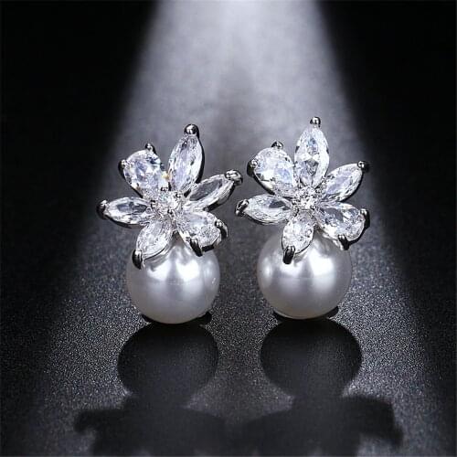 Ekopdee Korean Flower Stud Earrings For Women Luxury Pearl CZ Crystal Earrings Female Wedding Engagement Jewelry Birthday Gift