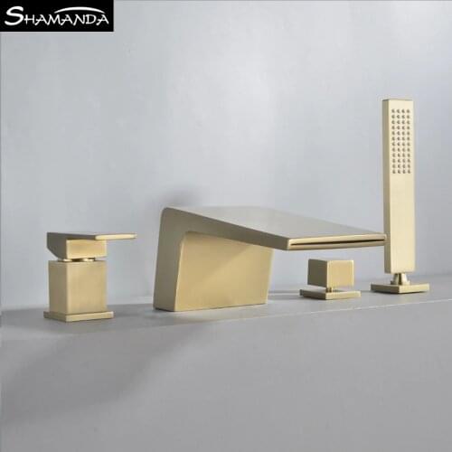 Bath Solid Brass 4Pcs Gold Brushed Waterfall Bathtub Faucet Set Black 4 Holes Hot and Cold Water Mixer Tap Bathroom Products