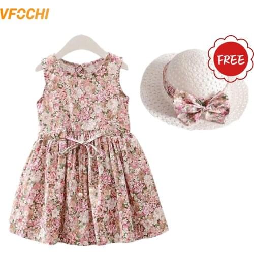 VFOCHI 2020 Girl Dresses with Hat Summer Girls Clothes Floral Print Baby Girls Dress Fashion Kids Dresses For Girls Party Dress