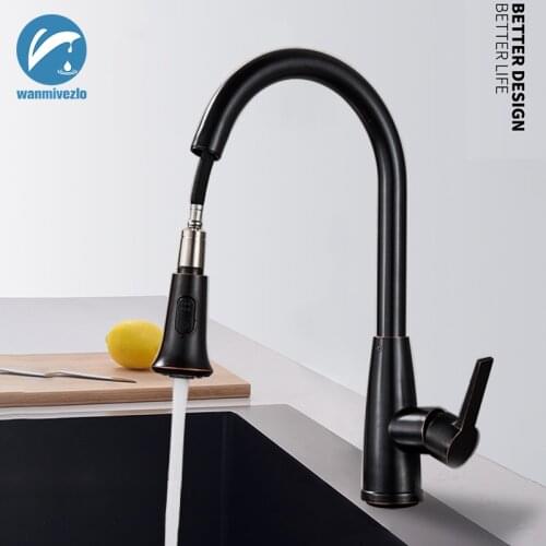 Black Bronze Pull Out Kitchen Sink Faucet Brass Swivel Spray 2 Function Spout Single Hole Hot and Cold Water Taps