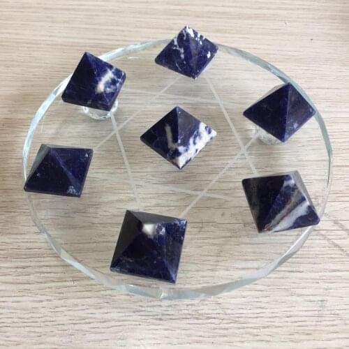 High quality Natural sodalite crystal gemstone pyramid collectors with glass stand meditation reiki healing chakra home decor
