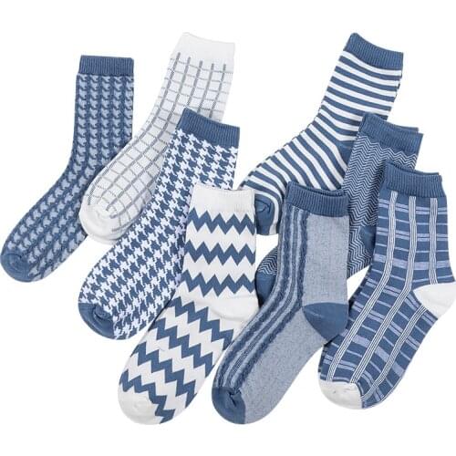 Funny Lattice Cotton Striped Short Socks Women Lady Square Blue Wave Sock Girls Harajuku Fashion Casual Female Socken Kawaii Sox