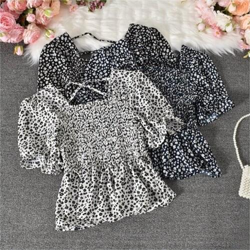 Sexy Women Backless Shirt Blouse Sweet Puff Sleeve Hem Pleat Ruffles Short Shirt Floral Print Slim Square Collar Tops Streetwear