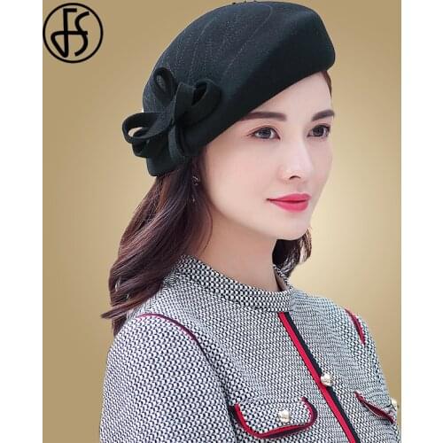 FS 2019 Women Red Wedding Hat Elegant 100% Wool Felt Pillbox Hats Black Fascinator Winter Fedoras Floral Beret Church Cap