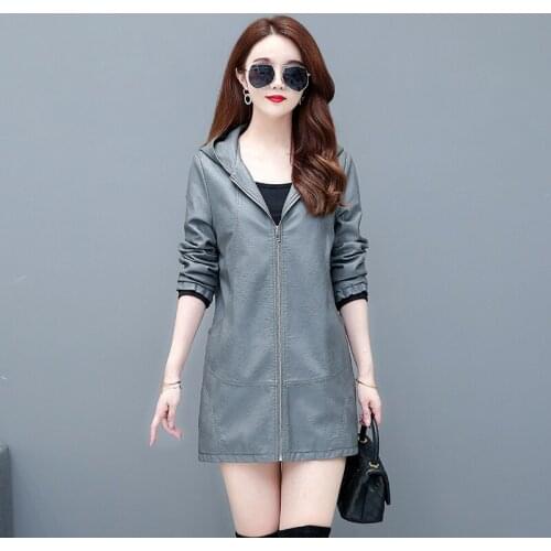 2021 New Large Size 3XL 4XL Womens Leather Jacket Long Leather Coat Female Casual Hooded Fashion Ladies Coats Outerwear Gray