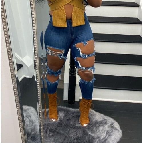 Women Slim Fit Jeans Fashion Solid Color Ripped Hole Tassel Stretch Mid-waist Denim Pencil Long Pants Trousers