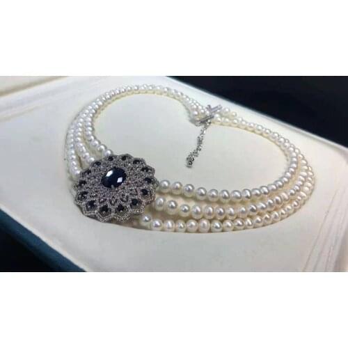 Womens jewelry 7-8mm 3rows 45-48cm micro inlaid zircon Sunflower accessories white freshwater pearl necklace