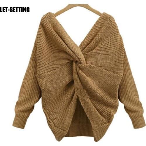 V-neck Twisted Backless Sweater Reversible Long Sleeve Cross Women Jumpers Tie Knot Sexy Knitted Tops Short Knitting Pull Casual