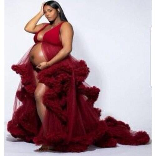 Maternity Photoshoot Ruffles Extra Puffy Women Robe Burgundy Formal Dresses Maternity Robe Fluffy Custom Made vestido de fiesta