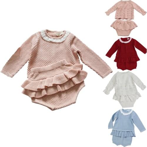 Baby autumn winter clothes sets cute Cardigan for toddler girls kids warm sweater+Baby Ruffle bloomer 2pcs knit children clothes