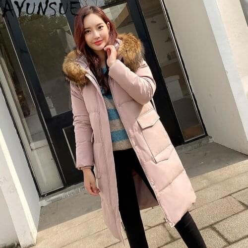 AYUNSUE Womens Jacket Winter 90%grey Duck Down Jackets Woman Real Raccoon Fur Collar Jackets Female Long Coats Ropa Mujer TN270