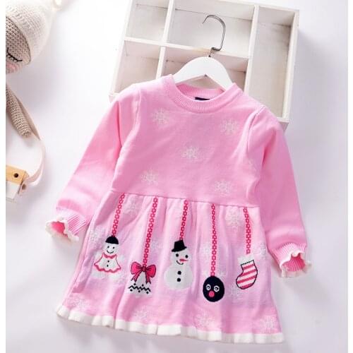 Fall Kids Clothes Snowman Embroidery Cute Little Girls Costume Knit Sweater Long Sleeve Princess Dress Christmas Vestidos