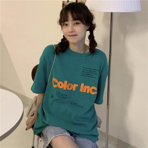 Cotton mid-length student short-sleeved t-shirt women 2020 Fashion Casual girls Korean style loose top Flocking womens clothes