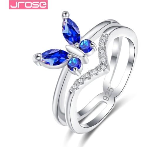JROSE Wholesale Butterfly Jewelry Pink White Blue Red Cubic Zircon Silver Ring Size 6 7 8 9 Wedding Engagement Gifts Lovely
