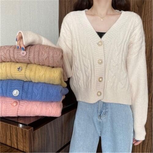 2021 Korean Fashionable Women Casual Cardigans Long Sleeve V Neck Loose Soft Buttons Knitted Jackets Sweater Cardigan Tops Y5991