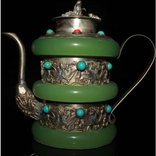 China green jade handwork inlay White copper dragon teapot crafts statue
