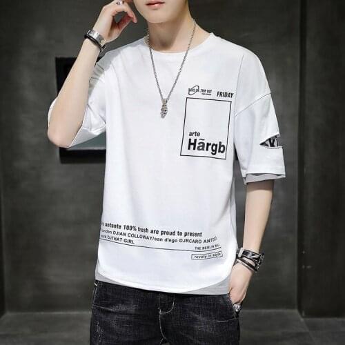 Summer mens short-sleeved t-shirt loose Hong Kong style five-point sleeve trend student fake two-piece upper clothes
