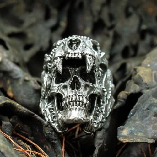 BEIER Vintage Indian Jaguar Warrior Skull Ring For Man Stainless Steel Unique Skull anel Punk Rock Jewelry BR8-695