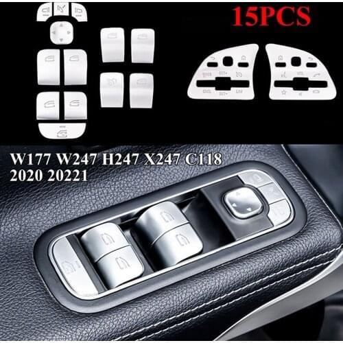 15PCS Car Window Glass Lift Button Sticker Steering Wheel Button Cover for Benz a B GLA GLB CLA Class W177 W247 C118