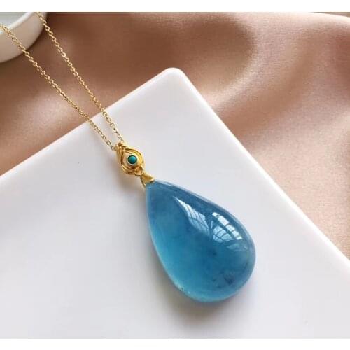 Genuine Natural Blue Aquamarine Water Drop Pendant 34*21mm From Brazil Women Men Fashion Stone Jewelry Necklace AAAAA